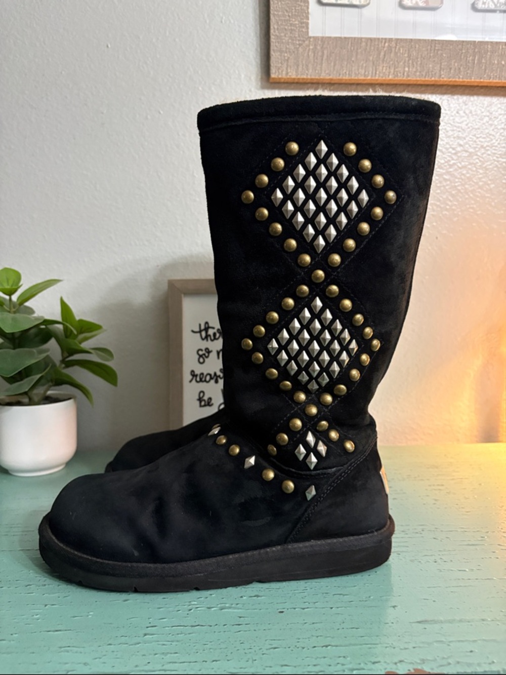 UGG Black Suede Mid-Calf Boot with Gold & Silver Studs
